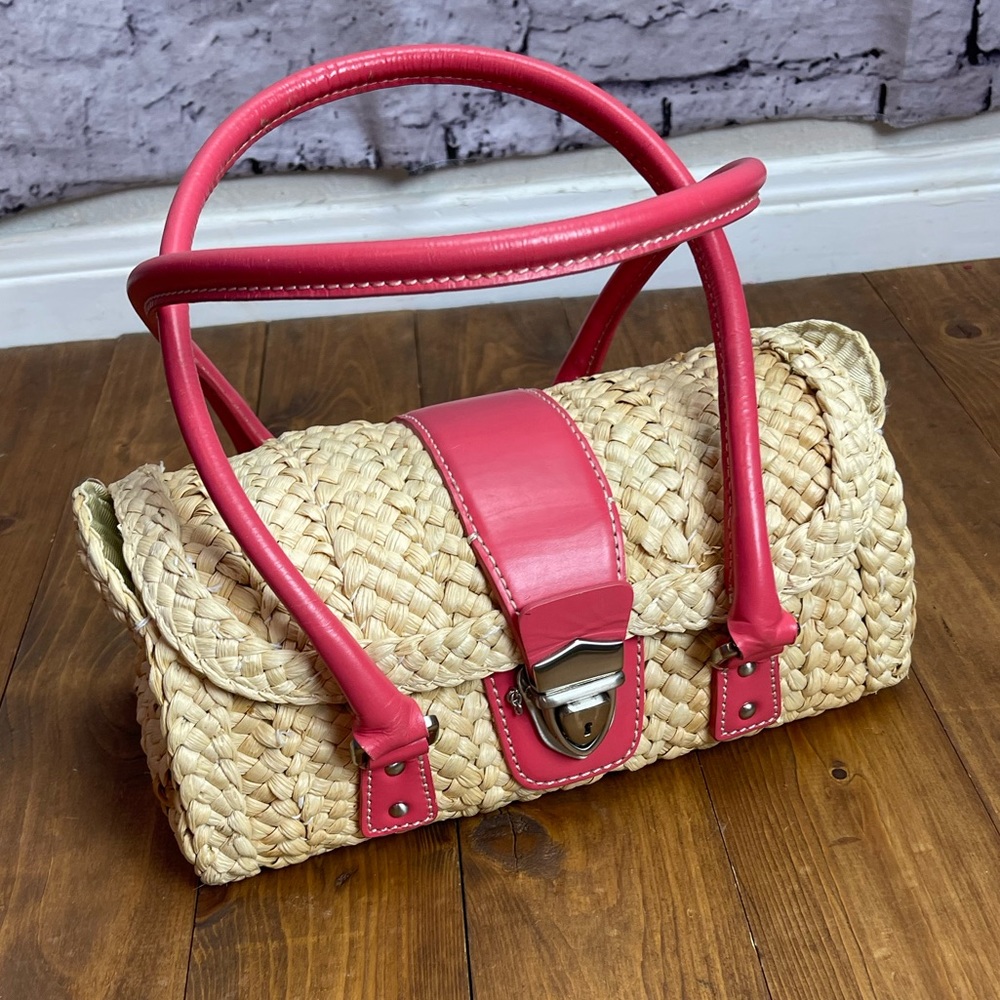 Ann Taylor corn husk basket purse tan and pink